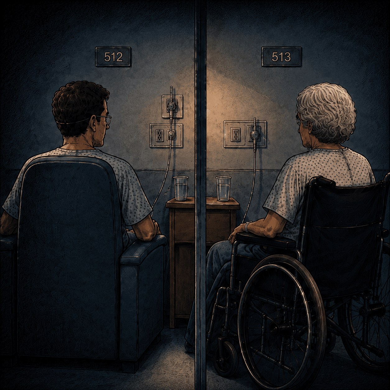 Two isolation rooms side by side, 512 and 513, seen through the wall between them. A man sits in a chair in one; his mother sits in a wheelchair in the other, back to back with him.