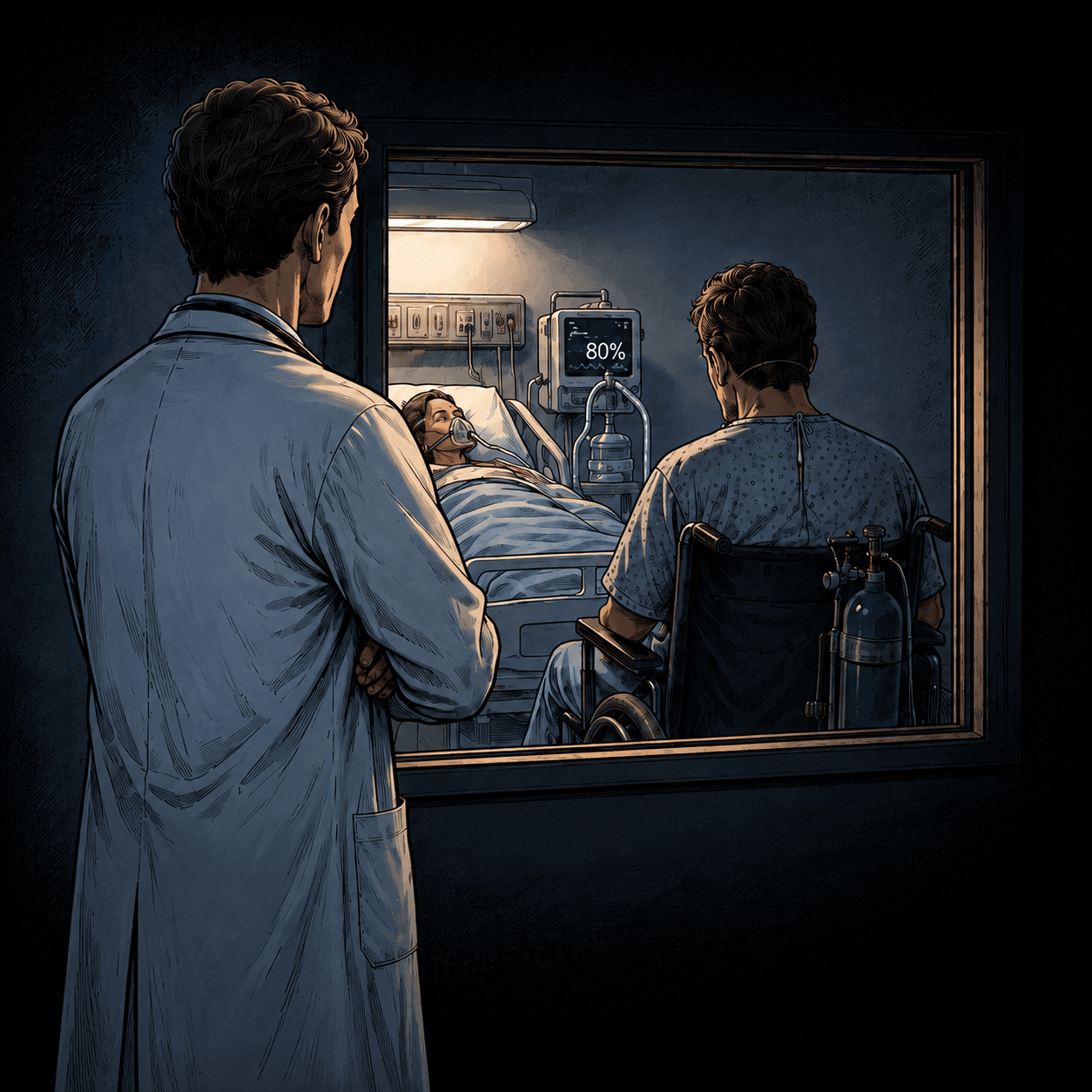 A physician in a white coat standing in a dark corridor, looking through the window in a door. Inside, a man on oxygen sits in a wheelchair beside his mother's bed; the monitor above her reads 80%.