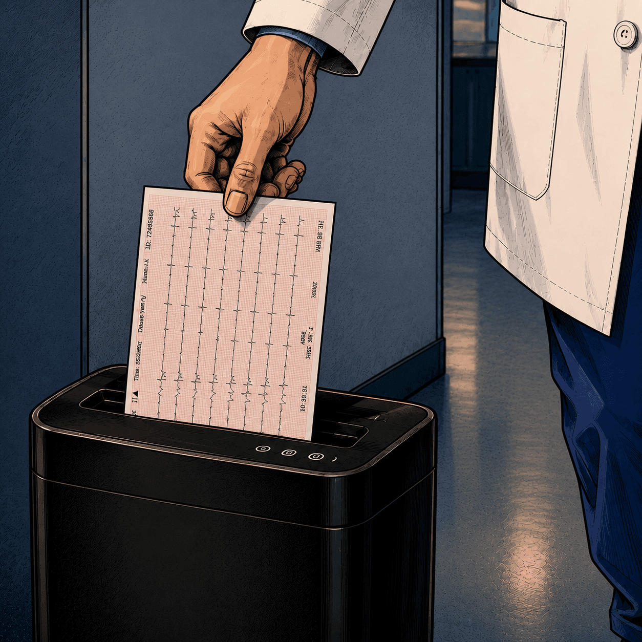 A hand in a white coat feeding an ECG tracing into a shredder.